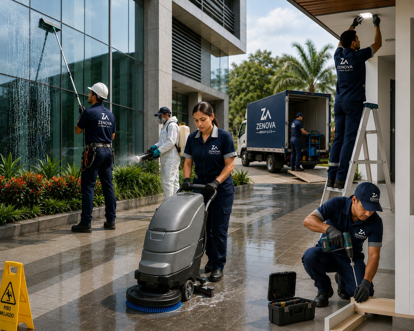 Equipo de aseo industrial realizando limpieza en altura y mantenimiento de planta